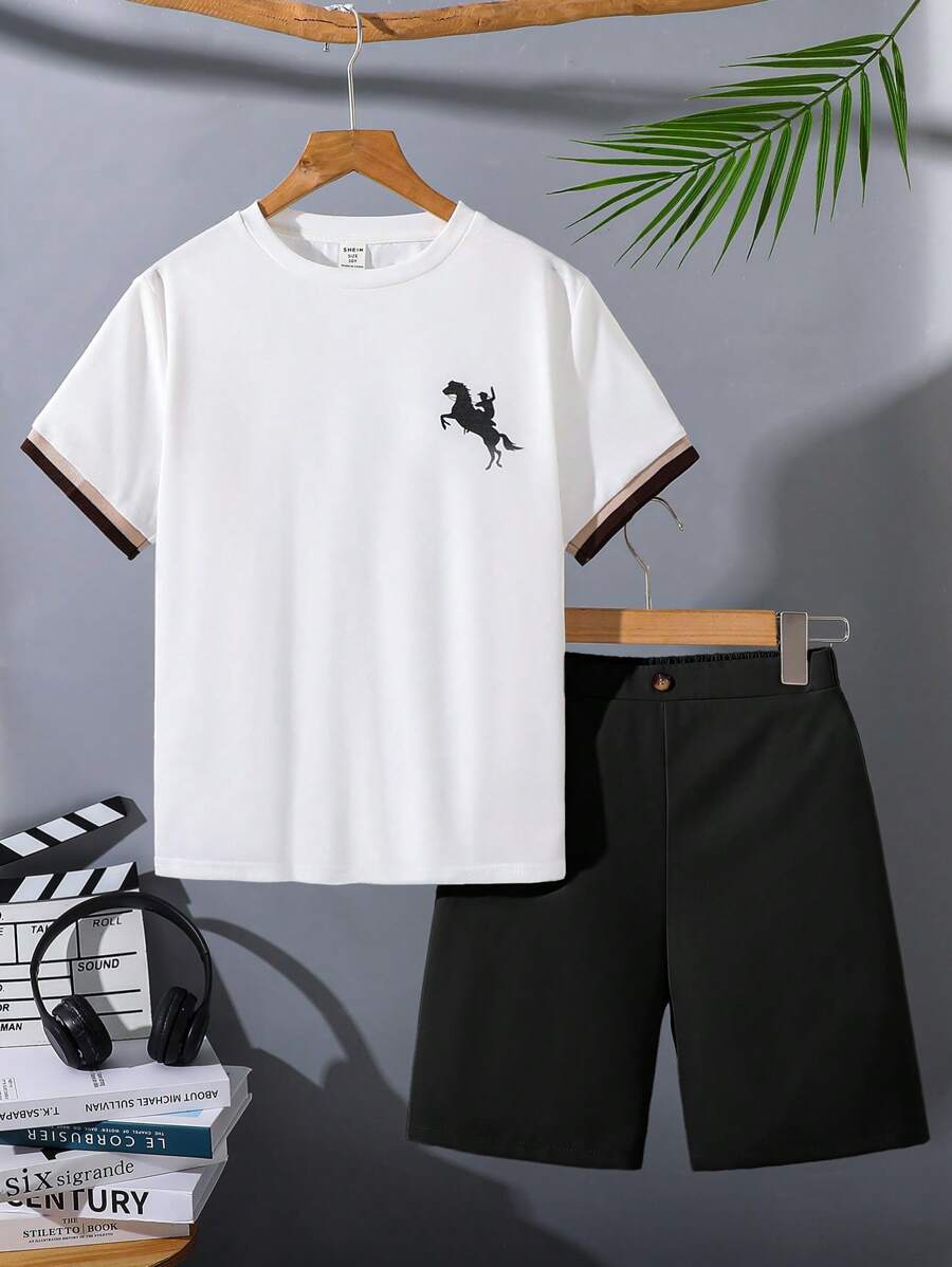 SHEIN 2pcs Tween Boys Casual Academy Pattern Short Sleeve Top And Shorts Set, Suitable For Commuting, School, Everyday Casual, Sports, Spring/Summer, Party - Black and White - View 1