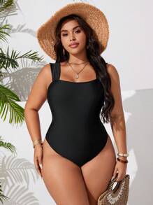 Swim Basics Traje de baño de una pieza con tirantes de unicolor para mujer de talla grande - Negro - Ver 5