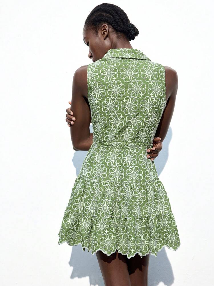 SHEIN Maija Women's Green And White Embroidered Flower Patterned Shirt Dress, Versatile For All Seasons, Relaxed Fit, Fashionable And Comfortable, Ideal For Summer Vacation, Beach, Holiday, Boho Chic Style Women Short Dresses Summer Summer Clothes Work Summer Dresses Women Summer Clothing Women Clothes Beach Beach Clothes Bohemian Style Island Vacation