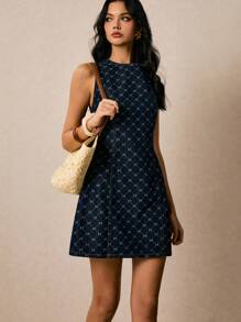 Poéselle New Women's Denim Dress Sleeveless Waist A-Line Dress Short Dress Jacquard Dress Dark Blue Autumn Clothing Going Out Clothing Casual Office Clothing Music Festival Clothing Y2K Clothing Back To School Clothing Pattern Dress Dark Blue Dresses Textured Dress