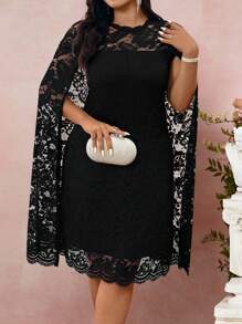 Allurite Women's Plus Size Round Neck Slit Long Sleeve Cape Loose Fit Lace Dress Summer Women Outfit Spring Dress Elegant Lace Dress Wedding Women Dress Romantic Dress Wedding Guest Business Casual Dress