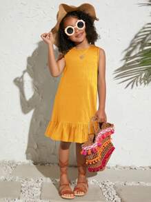 Young Girl Vacation Casual Fashion Solid Color Sleeveless Woven Dress - Yellow - View 5