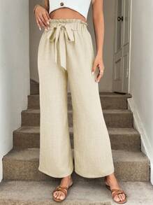 Easowa 阔腿裤，带有荷叶边和蝴蝶结细节，女士优雅休闲度假装 女式阔腿裤 夏季阔腿裤 女式夏季裤 系腰裤 女式阔腿裤 女式夏季裤 亚麻裤 - 杏色 - 查看 5