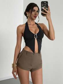 Firerie Shorts courts mi-taille élégants, décontractés, de loisirs, avec poches, en marron, convenant pour la plage, l'aéroport, les sorties décontractées quotidiennes - Tabac - Voir 1