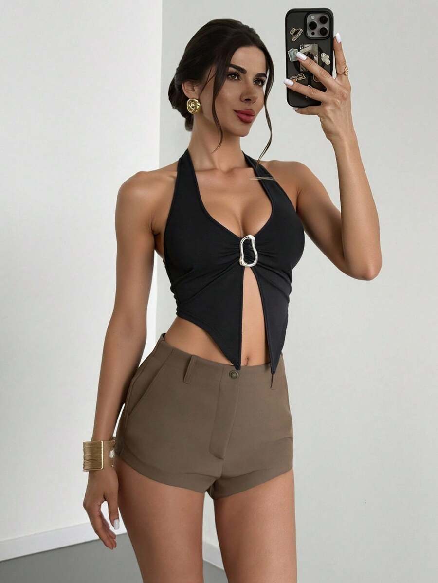 Firerie Shorts courts mi-taille élégants, décontractés, de loisirs, avec poches, en marron, convenant pour la plage, l'aéroport, les sorties décontractées quotidiennes - Tabac - Voir 1