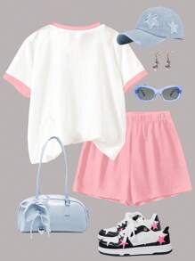 SHEIN Leap Crew Set de 2 piezas de Camiseta de manga corta de cuello redondo casual simple y Pantalones cortos sueltos con estampado de Cabibara de fresa rosa y crema para niña preadolescente, perfecto para un verano relajado - Multicolor - Ver 2