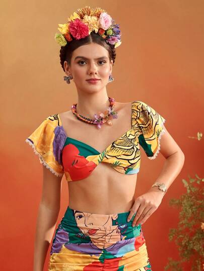 Redefinition Frida Kahlo X SHEIN X Designer Floral Print Off Shoulder Twist Front Crop Top Flounce Ruffle Sleeve For Women Summer Vacation