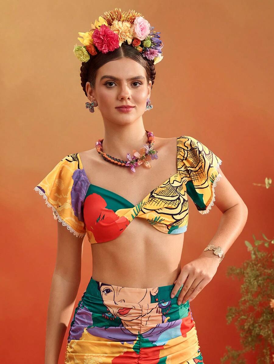 Redefinition Frida Kahlo X SHEIN X Designer Floral Print Off Shoulder Twist Front Crop Top Flounce Ruffle Sleeve For Women Summer Vacation - Multicolor - View 1
