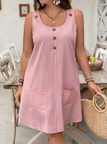 EMERY ROSE Đầm không tay cổ tròn trang trí túi màu trơn - Bụi hồng - Xem 4