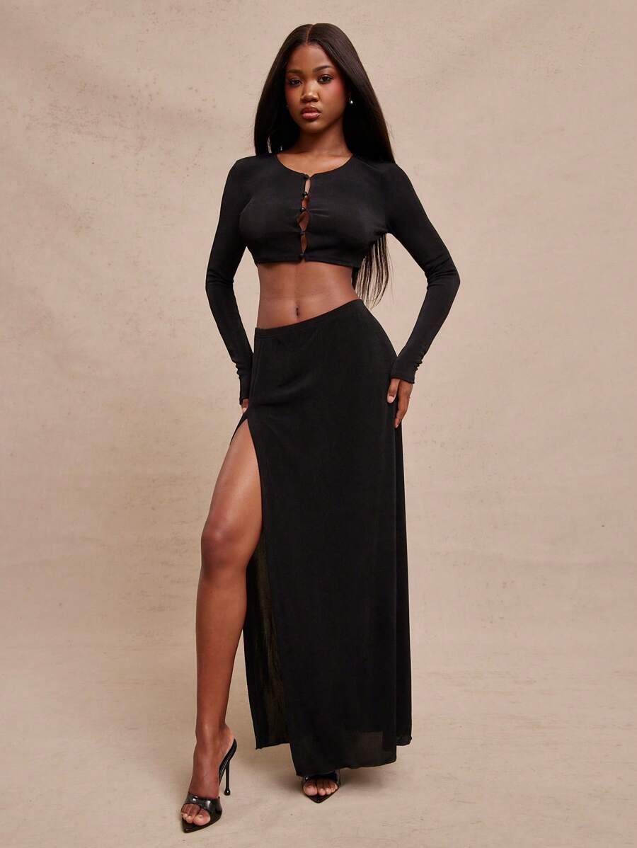 NYA SZN Einfarbiger, grundlegender Mini-Schlitz-Maxirock, Büro-Lässig, Brunch, Herbst