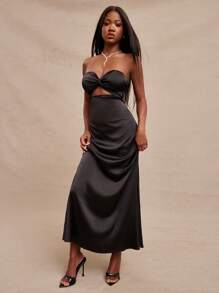 NYA SZN Elegant Black Summer Night Out Dress For Women,Satin Bandeau Twist Knot Cut Out Maxi Dress,Sleeveless Wedding Guest Bridal Party Special Occasion - Multicolor - View 5
