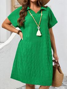 EMERY ROSE Vestido azul recto de manga corta con cuello mao para mujer talla grande, estilo boho de verano - Verde - Ver 4