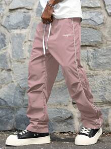 Manfinity Hypemode 男士简约前系带口袋字母印花休闲长裤，适合日常穿着 - 淺粉色 - 查看 4