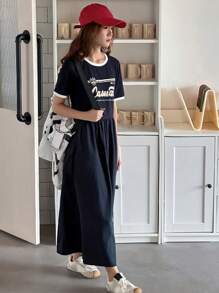 DAZY Teenage Girl Letter Print Round Neck Short Sleeve Casual Dress, Summer,Back To School Clothes