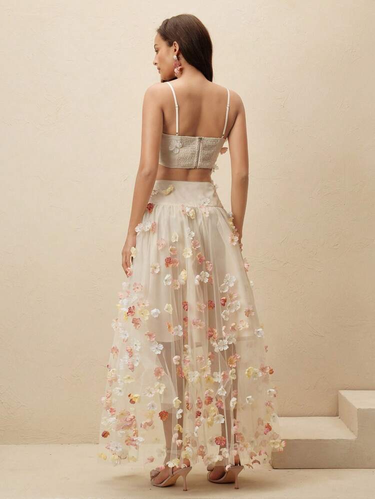 2pcs Women Mesh Floral Camisole Top And High Waist Long Skirt Set, Slimming