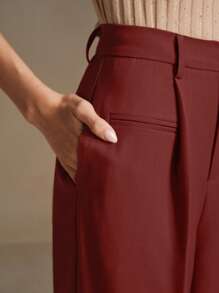 Anewsta 黑色宽松直筒腰头都市通勤西装裤 - 紅色 - 查看 3