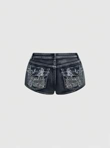 ROMWE Avant 复古千禧朋克 Y2K 超低腰超短刺绣女式牛仔短裤 - 藍色 - 查看 4