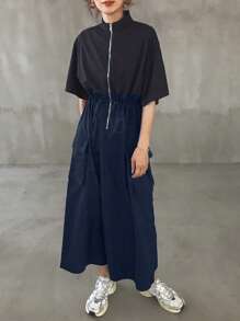 FRIFUL Robe longue à manches courtes pour femmes avec fermeture éclair métallique, volants superposés et patchwork. Vêtement d'été pour le travail. Vêtements d'été pour femmes. Vêtements d'été pour femmes de grande taille. Vêtements d'été formels pour femmes - Bleu marine - Voir 3