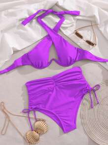 SHEIN Swim 女款素色鏤空掛脖綁帶性感比基尼泳衣套裝，附鋼圈，適合夏季海灘 - 紫色 - 查看 5