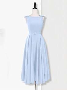 Chiquease Women's French Square Neck, Bowknot Shoulder Strap, Waist Belt, A-Line Skirt, V-Back Sleeveless Blue Dress, Spring/Summer