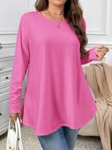 SHEIN Privé Plus Size Elegant Casual Loose Long Sleeve Round Neck Solid Color Basic Undershirts And Outerwear Swing Hem T-Shirt