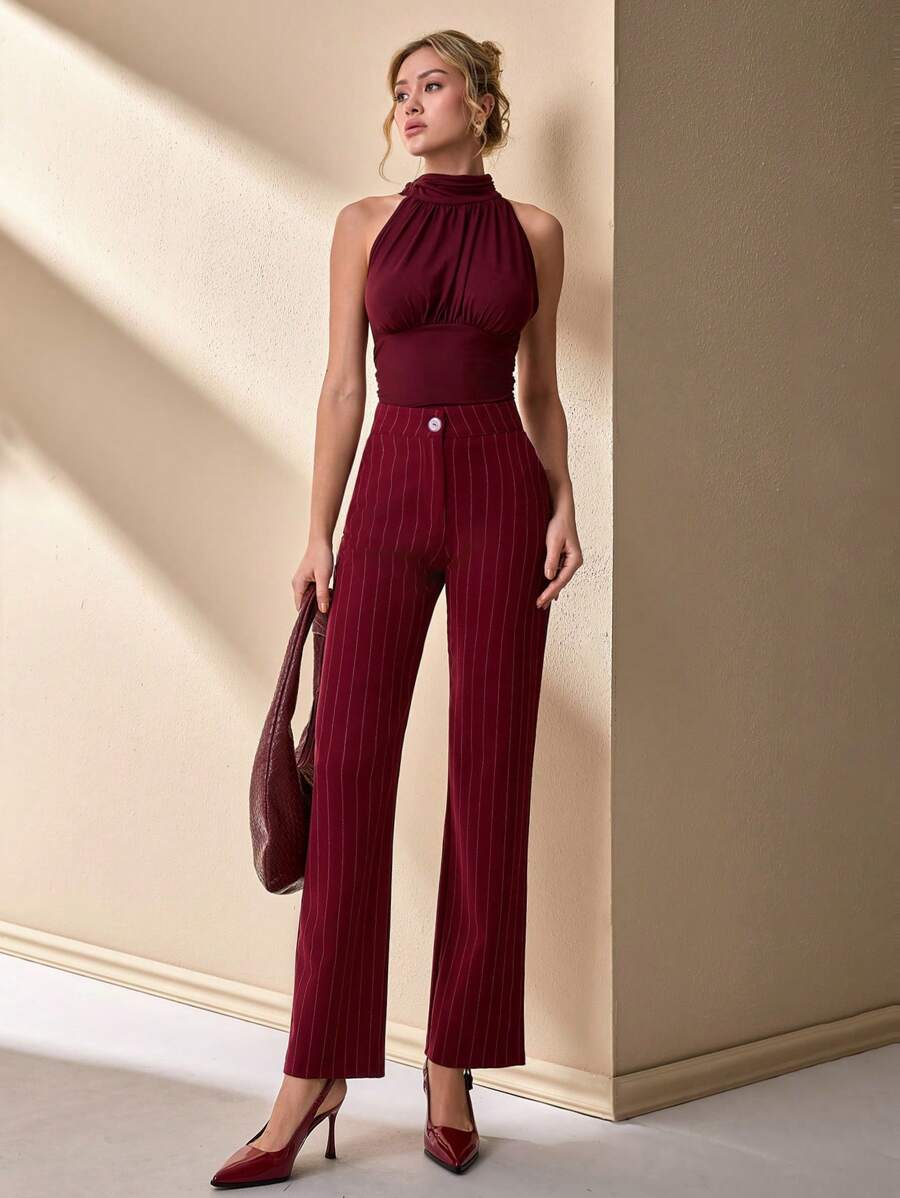 CLARA VERO Women Stripe Pattern High Waist Straight Pants - Burgundy - View 1
