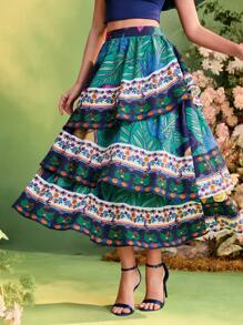 TIYA Frida Kahlo X SHEIN X Designer 夏季热带印花高腰荷叶边多层度假裙 - 彩色 - 查看 1