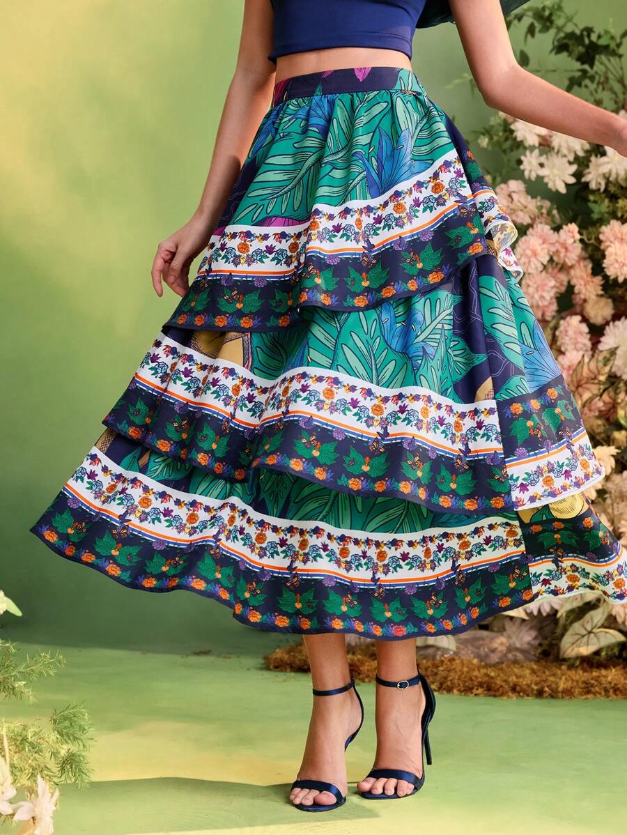 TIYA Frida Kahlo X SHEIN X Designer 夏季热带印花高腰荷叶边多层度假裙 - 彩色 - 查看 1