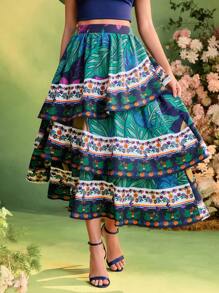 TIYA Frida Kahlo X SHEIN X Designer 夏季热带印花高腰荷叶边多层度假裙 - 彩色 - 查看 3