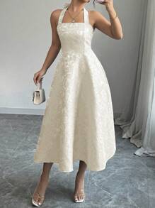 Elenzga 大码女式花卉提花吊带优雅连衣裙，夏季 - 杏色 - 查看 4