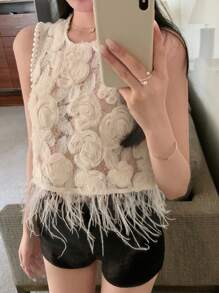 DAZY Blusa elegante estiva da donna in organza, con decorazioni in pizzo floreale 3D, trasparente, con frange all'orlo, senza maniche. Top corto da donna per uscire - Bianco - Visualizzare 9