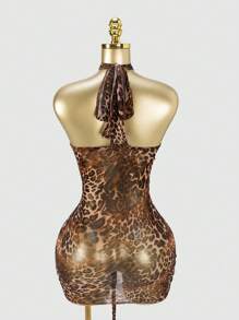 SHEIN SXY Sexy Sheer Leopard Print Hollow Out Halter Neck Mini Dress,Summer Outfits For Women,Cheetah Print,Mesh,Club Outfits Women Sexy,Going Out  ,Club Outfits,Streetwear Women