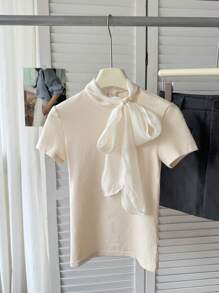 DAZY Women's Summer Tie Strap Short Sleeve Fitted T-Shirt, Elegant Casual Tee For Urban Life