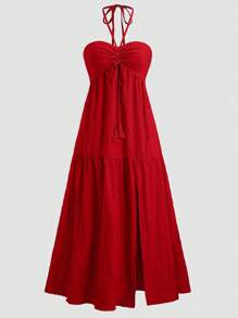 Sweetra Plus Size Summer Casual Solid Color Open Back Spaghetti Strap Dress