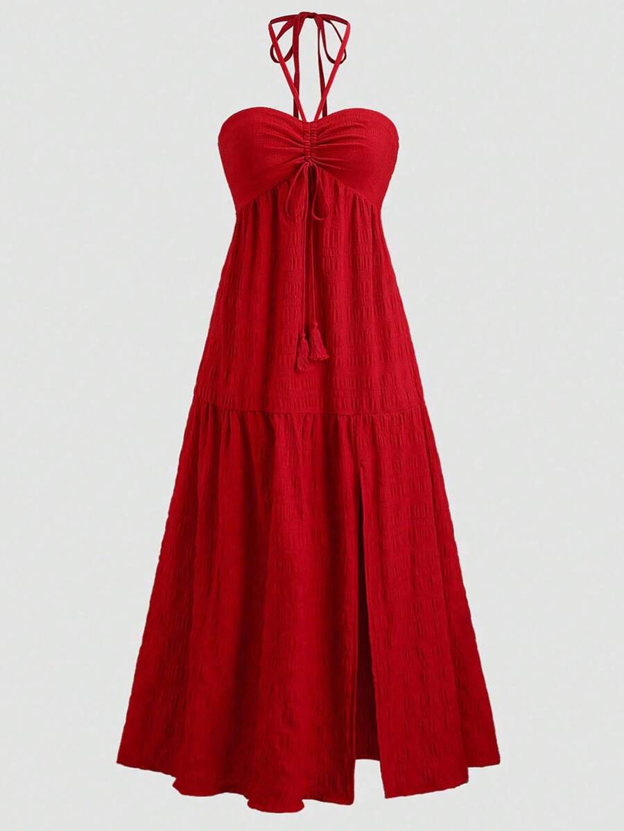 Sweetra Plus Size Summer Casual Solid Color Open Back Spaghetti Strap Dress