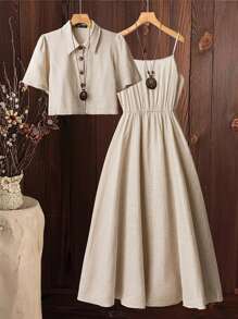 Ellevyn Bộ đồ mùa hè 2 món cho nữ - Áo sơ mi tay ngắn bằng vải lanh pha trộn thoải mái và váy hai dây, trang phục thường ngày trang phục mùa hè cho nữ váy lễ Phục sinh cho nữ bộ đồ hai mảnh cho nữ trang phục đi nghỉ cho nữ bộ đồ 2 mảnh cho nữ trang phục phương Tây cho nữ bộ đồ hai mảnh mùa hè Boho vải lanh Bohemia - Màu be - Xem 13