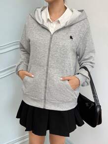 SHEIN Sudadera con capucha casual, cómoda y sencilla con gráfico bordado para adolescentes, versátil, para otoño/invierno - Gris - Ver 4