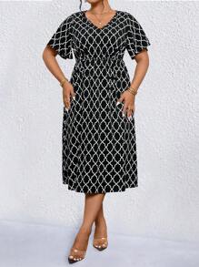 Cravure Đầm Maxi Thanh Lịch Cổ Chữ V In Hình Hình Học Size Lớn Cho Nữ Tay Ngắn Xếp Ly - Đen và trắng - Xem 5