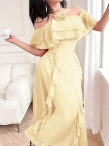 Feyla Vestido largo de mujer elegante de unicolor con volantes 3D florales, hombros descubiertos y bajo asimétrico - Amarillo - Ver 5