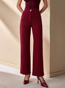 CLARA VERO Women Stripe Pattern High Waist Straight Pants - Burgundy - View 2