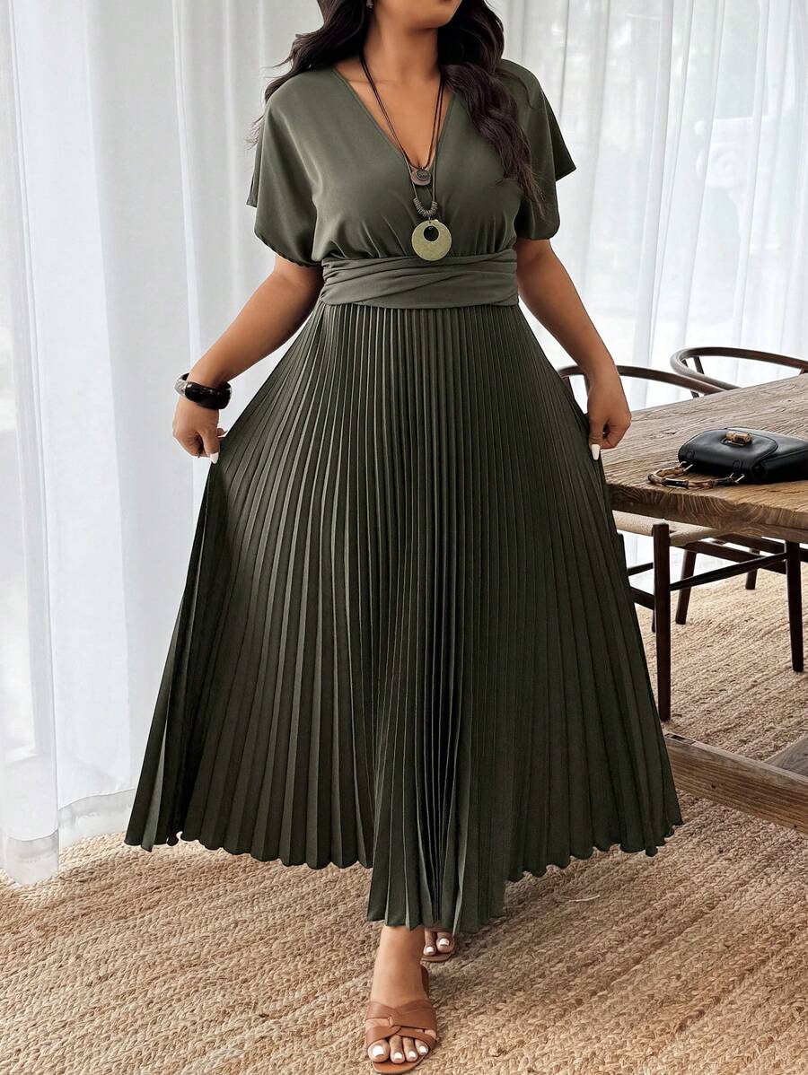 Weeklong Robe élégante à manches courtes style chauve-souris, encolure en V, plissée à l'ourlet, pour femmes grande taille, été