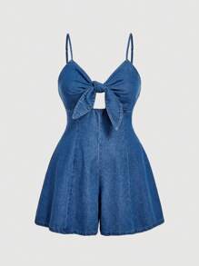 大码女式性感无袖 V 领镂空牛仔连体衣，夏季，毕业典礼 - 中等水洗藍 - 查看 5