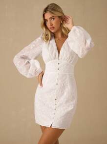 Enchnt 女式纯色深V领刺绣休闲长袖连衣裙 - 白色 - 查看 5