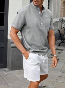 Manfinity CasualCool 2 buc/set bărbați vară patchwork buzunar Henley mânecă scurtă cămașă și pantaloni scurți cu șnur în talie