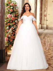 Glamrae 加大码优雅奢华 3D 花卉露肩缎面网眼拼布泡泡袖连衣裙，适合婚礼、派对、度假、舞会 - 白色 - 查看 1