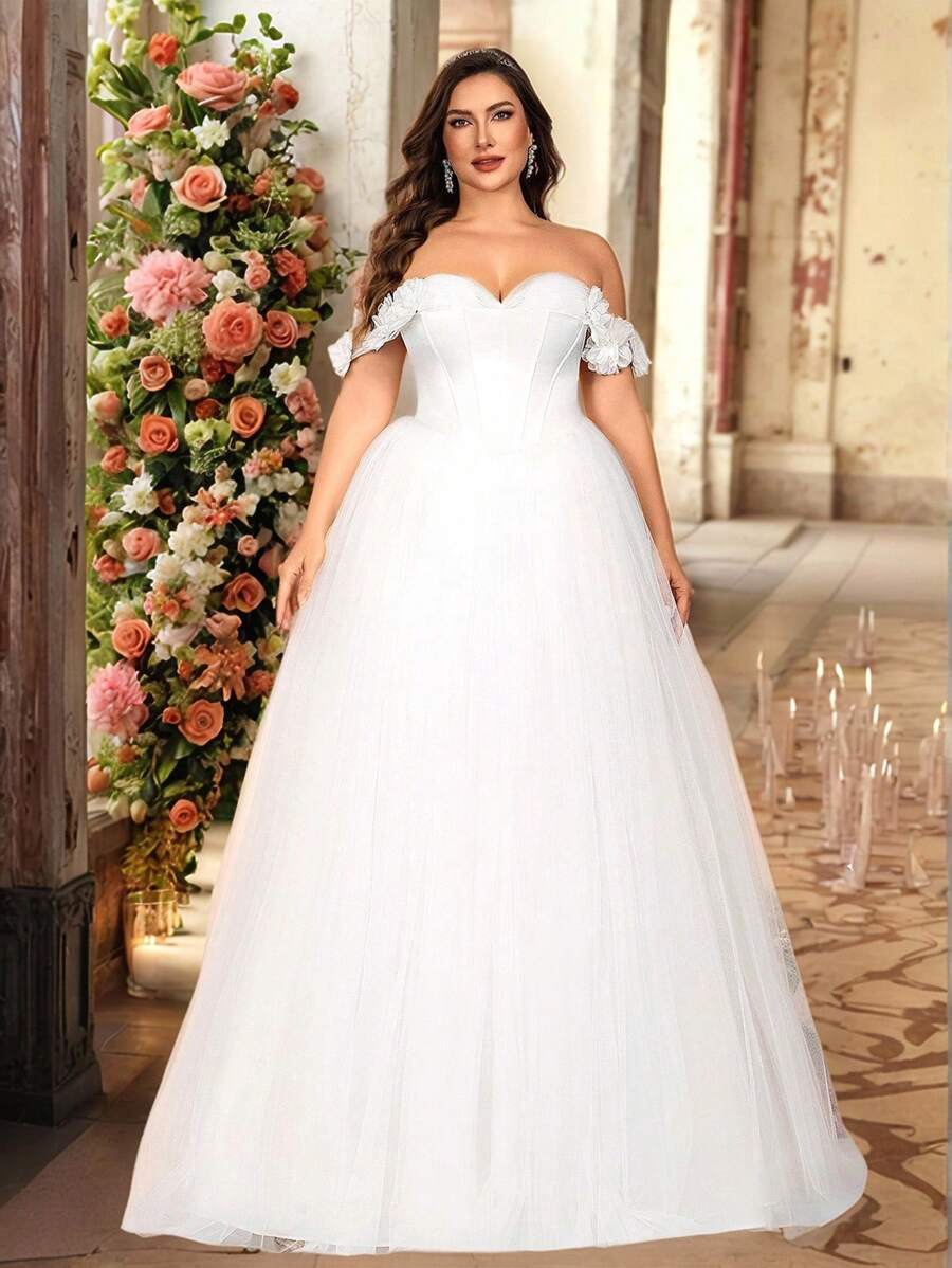 Glamrae 加大码优雅奢华 3D 花卉露肩缎面网眼拼布泡泡袖连衣裙，适合婚礼、派对、度假、舞会 - 白色 - 查看 1