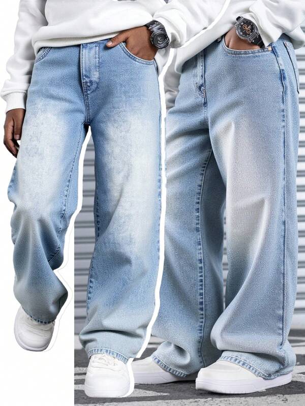 SHEIN Jeans bleus simples et confortables pour garçons adolescents, style décontracté vintage Y2K. Parfaits pour les tenues quotidiennes, les sorties d'été et de printemps, les festivals et la plage