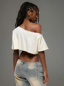 MUSERA Asymmetrical Neck Cropped Oversized Women T-Shirt Street Style Ibiza Boho Club Sexy Deconstructed Asymmetrical Shoulder Tops Festival Going Out Tops Fall Winter Spring Summer - Yellow - View 3