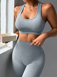 Easithlete 2pcs/Set Women Sports Casual Solid Wide Strap Top And Skinny Pants Suits Workout Women Sets - Light Grey - View 7