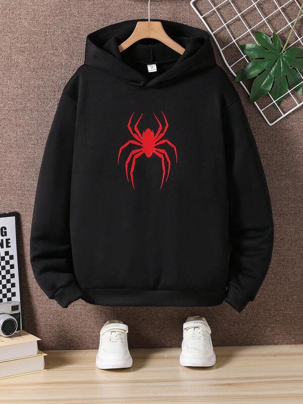 Sudadera con capucha informal con estampado gráfico de araña para adolescentes varones